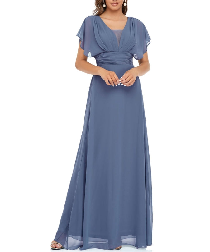 Haze Blue Women's Elegant V-Neck Formal Prom Dresses For Evening Dresses